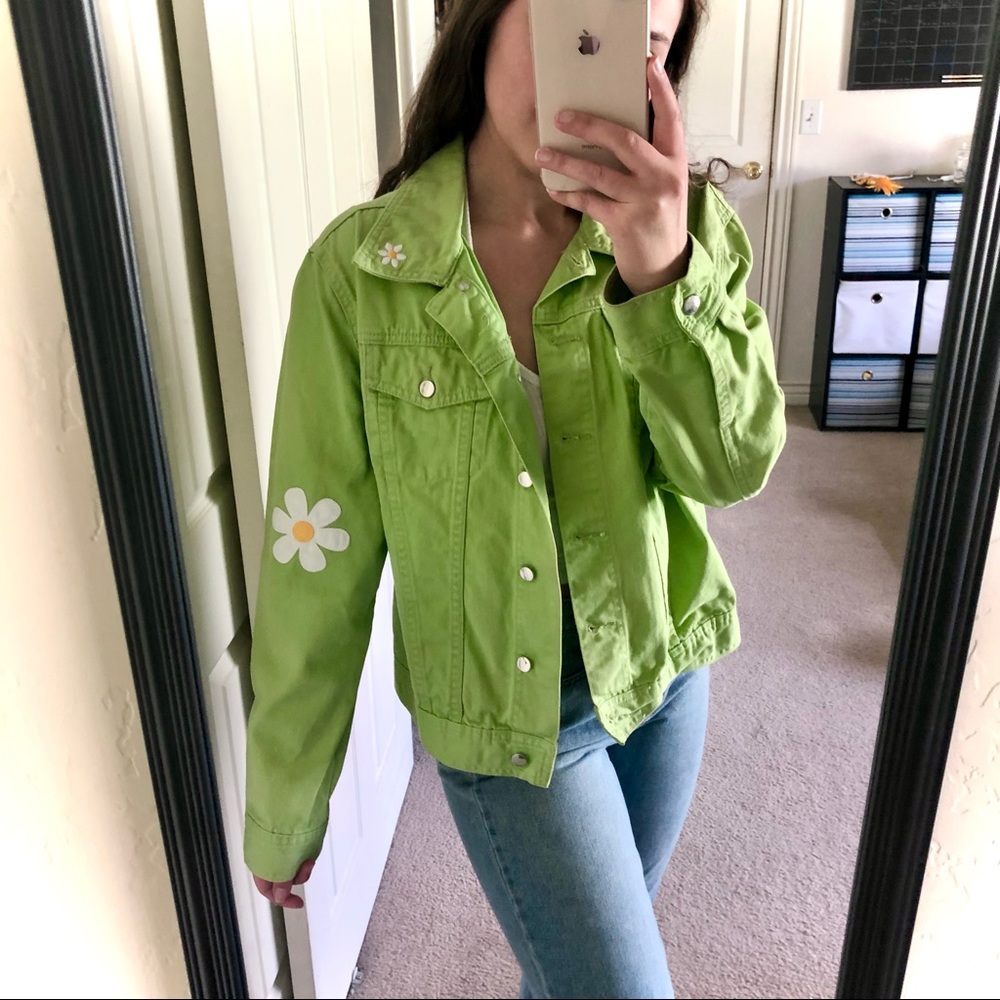 CUSTOM MADE LIGHTHOUSE FLORAL GREEN JEAN JACKET